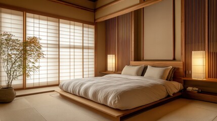 Obraz premium Beautiful minimalist bedroom with shoji screens and a plant
