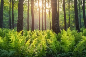 Fototapeta premium Nature's tranquil sanctuary with tall ferns, sunbeams filtering through the trees.
