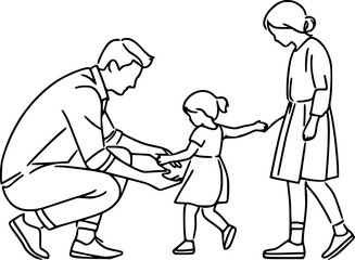 A black and white line art illustration of a father and child.