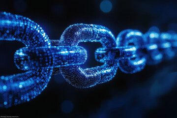 Close-up view of digital blue chain links illuminated by glowing particles in a dark background