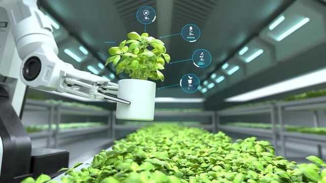 Robotic arm lifting vegetable pot with digital display, Automated farming
