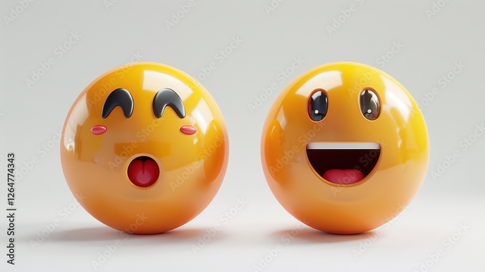 Fototapete 3D realistic emoji from an elevated and diagonal perspective, capturing detailed textures and expressions on a white background