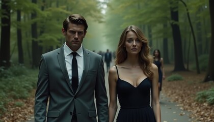 Fototapeta premium Elegant couple strolls through a tranquil forest during a gathering