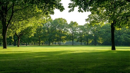 Fototapeta premium Sunlit Green Park With Lush Grass And Leafy Trees