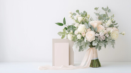 Elegant wedding bouquet featuring white, blush roses, dusty miller, eucalyptus, resting beside blank card, soft ribbon on pristine surface with clean background