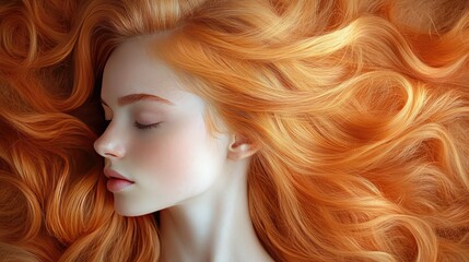 Fototapeta premium Serene portrait of a young woman with flowing orange hair, resting peacefully on a soft surface