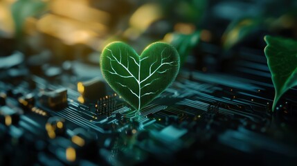 A vibrant green heart-shaped leaf grows from a circuit board, symbolizing the fusion of nature and technology.