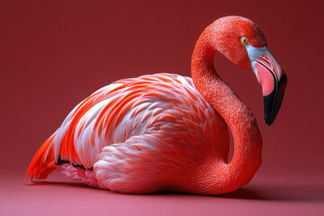 Obraz premium Flamingo resting gracefully against a vibrant red background, showcasing its stunning plumage and elegant posture