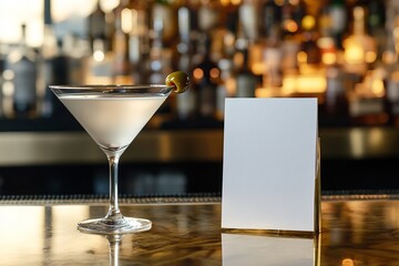 An empty white menu on a bar with a martini in a modern cocktail bar. Mockup menu