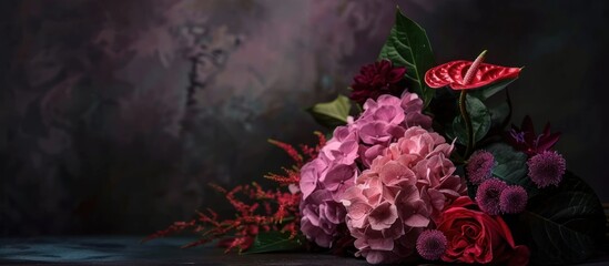 Dark moody bouquet of pink hydrangeas, red roses, and anthurium.