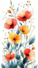 Fototapeta premium Vibrant watercolor illustration of blooming flowers with delicate leaves and soft colors