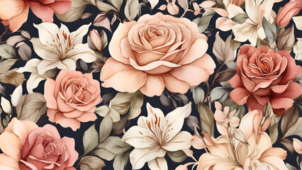 Fototapeta premium A hand-painted watercolor pattern showcasing the beauty of roses.