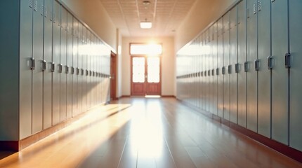 Sunlit School Hallway with Lockers