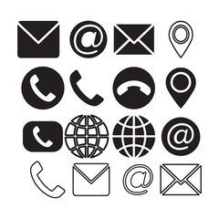 A collection of contact icons that include a globe, a location pin, an envelope, and a phone. The globe and location pin are for worldwide communication and location-based services. The envelope and e