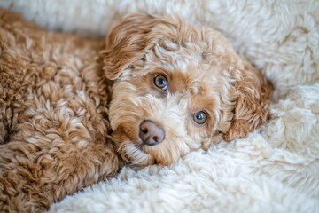 Cozy moments with a charming pet relaxing on soft blankets in a warm, inviting space