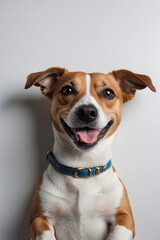 Closeup portrait of Jack Russell Terrier dog laying on back with paws up, isolated on light grey background