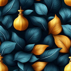 A vibrant pattern featuring stylized leaves and decorative elements.