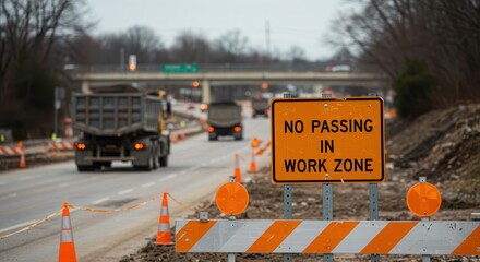 Road Work Zone with Dump Trucks and No Passing Sign on Highway
