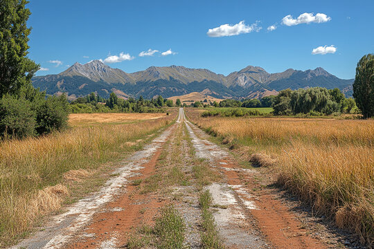 Expansive dirt road stretches towards mountain range under clear blue sky in rural landscape