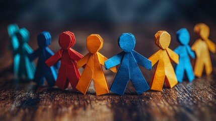 Colorful paper figures standing together create a vibrant representation of teamwork and unity, invoking a sense of joy and collaboration in a playful artistic style.