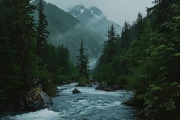 Fleecedeken met foto River in the forest in a foggy day. Water flow in motion © MahmudulHassan