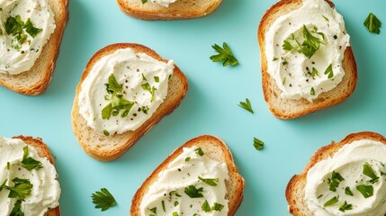 sliced breads with cream cheese on blue background