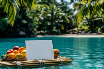 Obraz premium An empty white menu floating on a bamboo raft in a tropical lagoon. Mockup menu