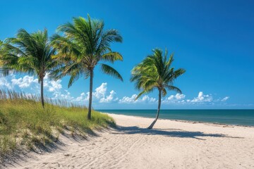Serene Tropical Beach with Palm Trees and Crystal Clear Water Under Bright Blue Sky