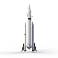 Minimalist rocket ship ready for launch, isolated on white background, symbolizes space exploration.