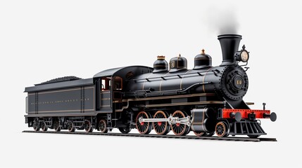 Obraz premium A old black train, a locomotive is rolling on the tracks isolated on a white background, showcasing miniature railway rolling. Steam engine
