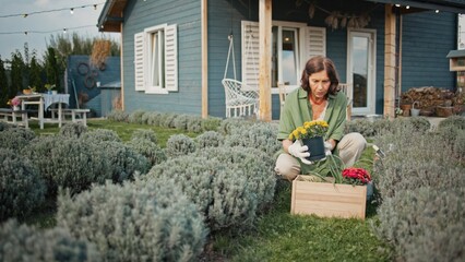 Focused Caucasian woman sitting down in beautiful garden area next to her house. Digging small hole...