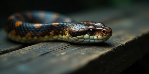Fototapeta premium Close-up of a reptile with intricate scale patterns resting on aged wooden surface