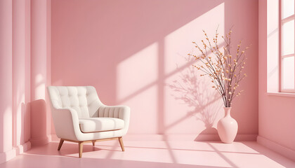 Stylish Pink Living Room with White Armchair and Dried Flowers