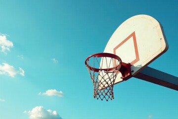 Naklejka premium Outdoor basketball hoop against a vibrant blue sky with fluffy clouds, perfect for sports and recreation themes.