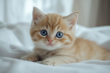 A young kitten looking up, with a captivating gaze of light blue eyes against a soft focus background.
