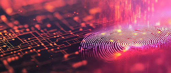 A digital fingerprint emerges from a network of circuits, showcasing a blend of technology and biometric data in vibrant colors.