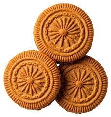 Three Golden Brown Cookies Stacked with Intricate Patterns on a Transparent Backdrop