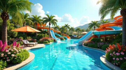 Fototapeta premium Tropical Paradise Water Park Luxurious Resort Pool with Vibrant Slides and Lush Landscaping