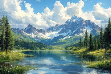 Fototapeta premium Majestic mountain landscape with serene lake and lush greenery under a bright blue sky