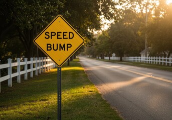 Yellow Speed Bump Sign Along Country Road at Sunset