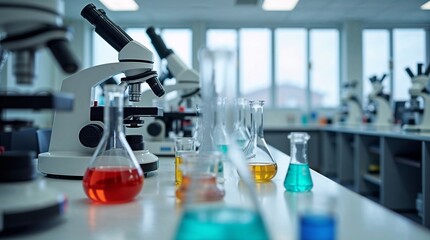 Science Laboratory in a School with Microscopes and Colorful Chemicals