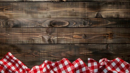 Obraz premium Red and white checkered tablecloth on a rustic wooden background