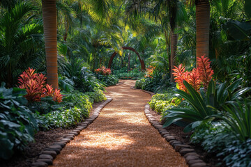 Fototapeta premium Lush garden pathway adorned with vibrant plants during daylight in a tropical setting