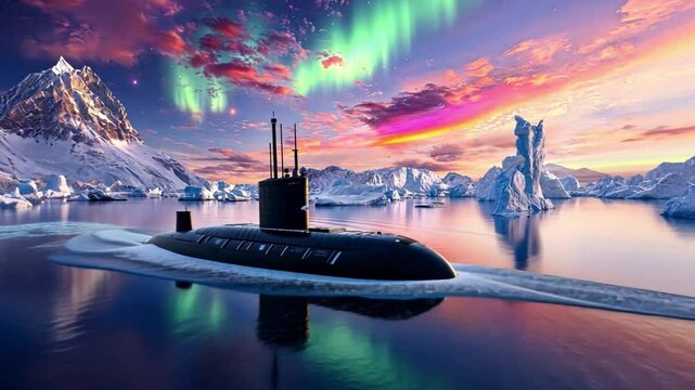 Submarine Beneath the Aurora: A sleek black submarine navigates through a mesmerizing frozen landscape under the vibrant, swirling spectacle of the aurora borealis.