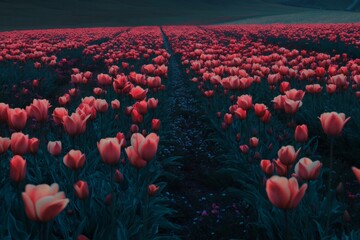 Expansive field of vibrant tulips stretching towards the horizon, bathed in the warm glow of sunset, creating a stunning natural landscape
