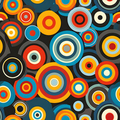 A vibrant pattern of colorful concentric circles on a dark background.