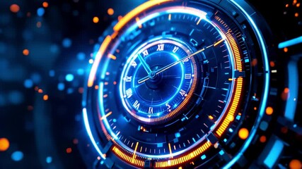 Futuristic Digital Clock with Blue and Orange Light Effects Representing Time and Technology - Powered by Adobe