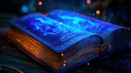 Glowing magic book open on wood, sparks fly