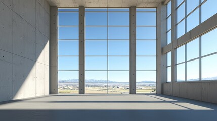 Spacious Empty Interior with Grunge Cement Walls and Large Windows Showcasing Scenic Views