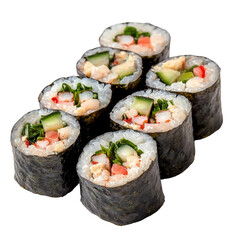 Fresh sushi rolls with seafood and vegetables arranged in visually appealing manner, showcasing vibrant colors and textures